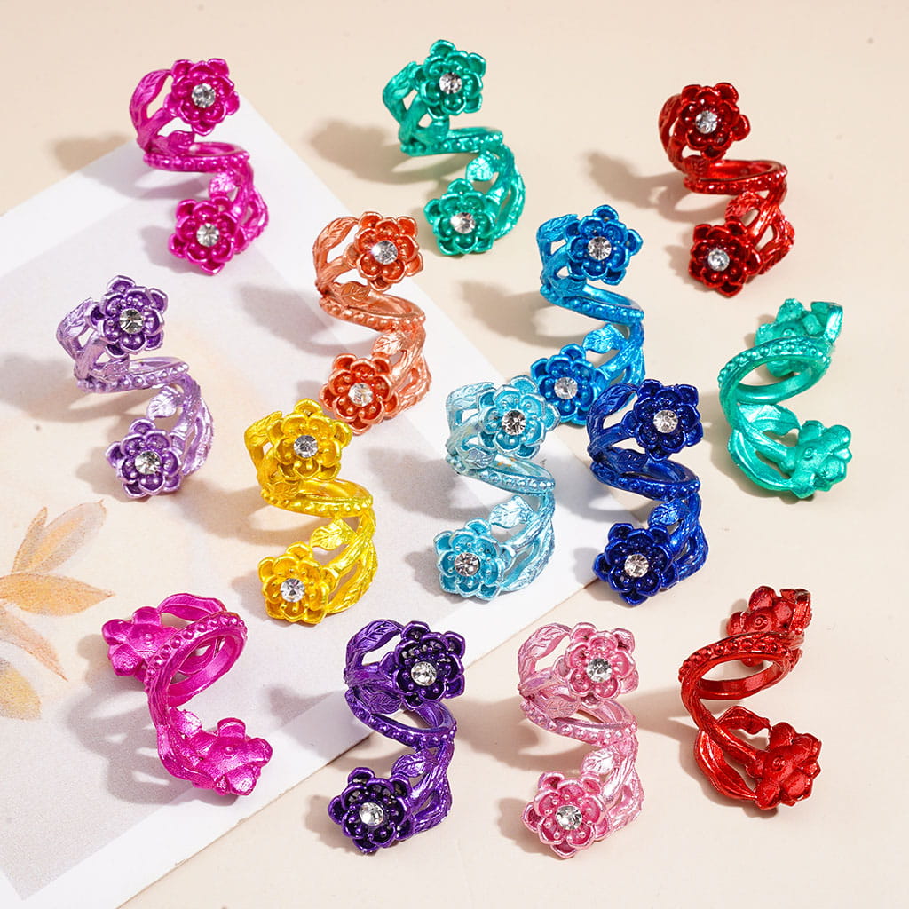 Trendy Twisted Spiral Metal Beads w Floral Flowers & Clear Rhinestones, Various Colors Random Mix