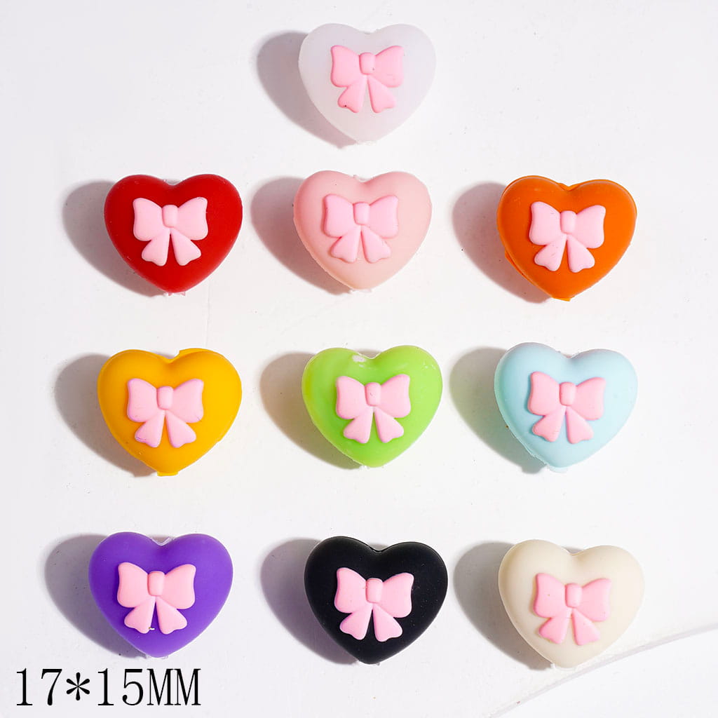 Silicone Focal Beads Heart with Pink Bowtie, 17*15MM, Multi-Color