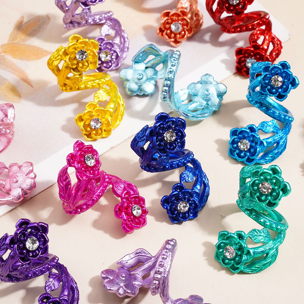 Trendy Twisted Spiral Metal Beads w Floral Flowers & Clear Rhinestones, Various Colors Random Mix