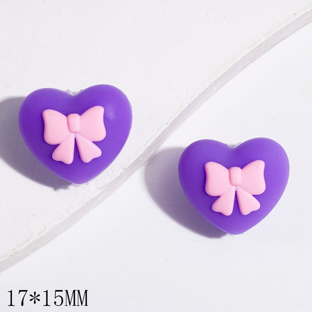 Silicone Focal Beads Heart with Pink Bowtie, 17*15MM, Multi-Color