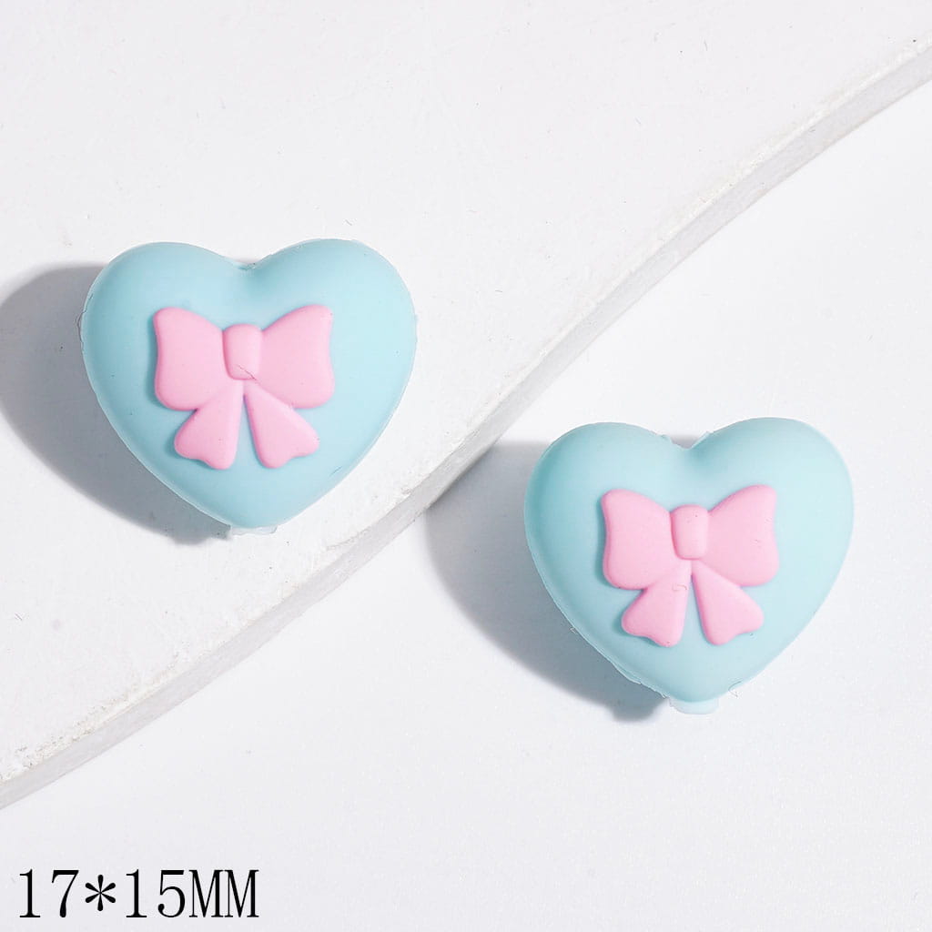 Silicone Focal Beads Heart with Pink Bowtie, 17*15MM, Multi-Color