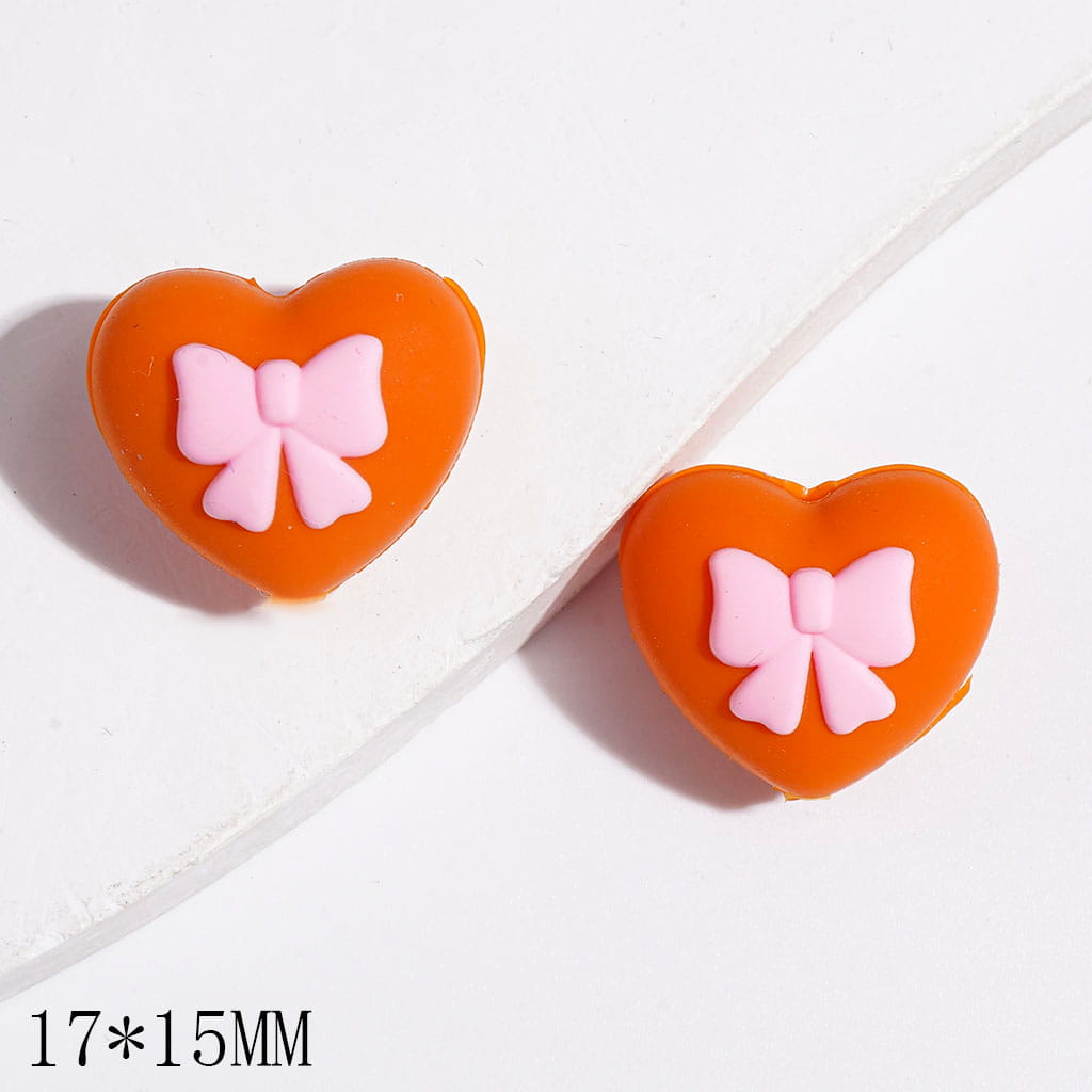 Silicone Focal Beads Heart with Pink Bowtie, 17*15MM, Multi-Color