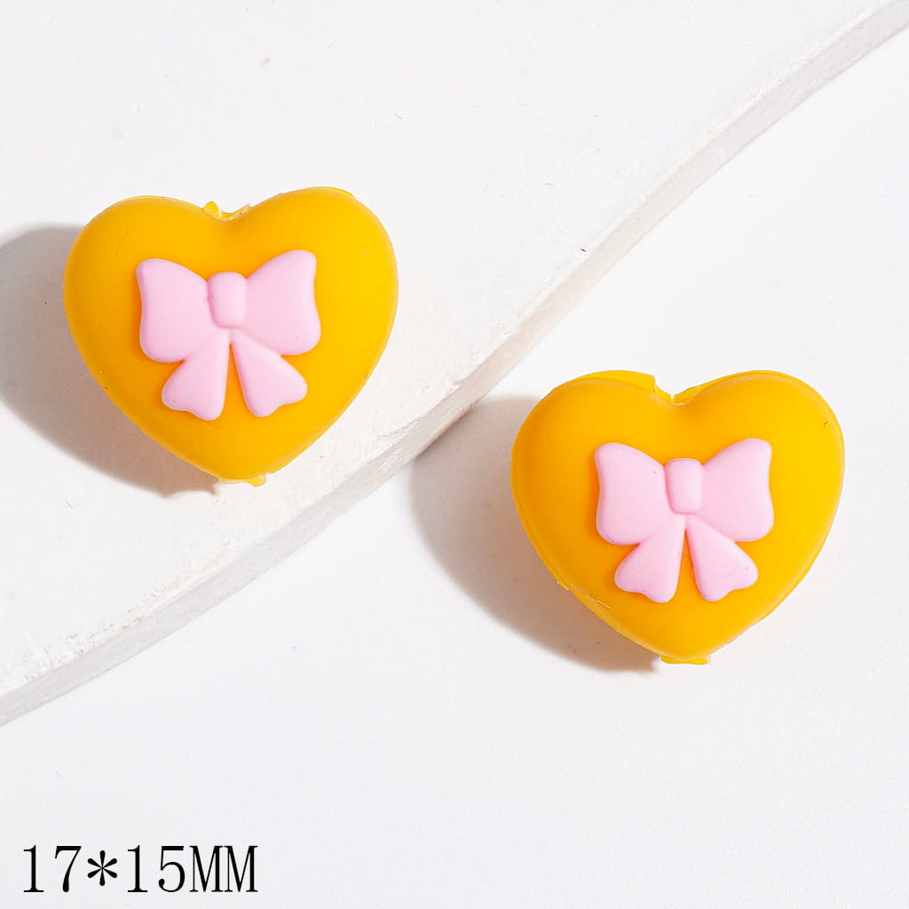 Silicone Focal Beads Heart with Pink Bowtie, 17*15MM, Multi-Color