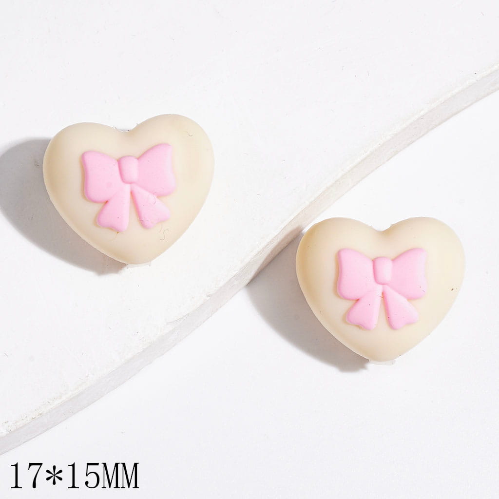 Silicone Focal Beads Heart with Pink Bowtie, 17*15MM, Multi-Color