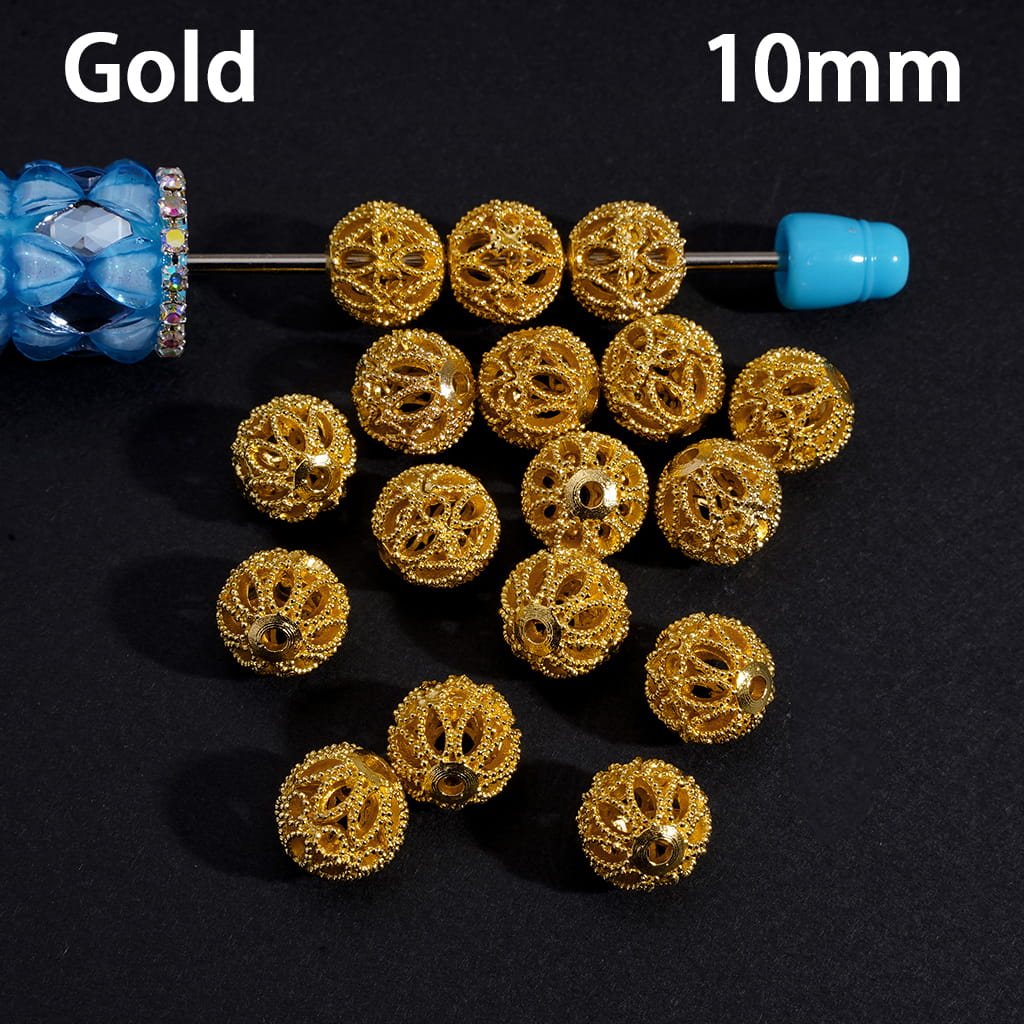 Alloy Beads with Hollowed Lotus Flower Base on Both Sides and Central Round Ring, 10MM, Gold and Silver