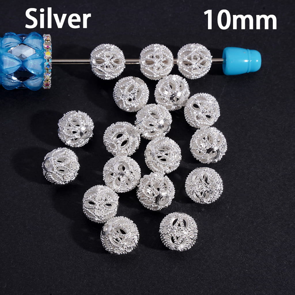 Alloy Beads with Hollowed Lotus Flower Base on Both Sides and Central Round Ring, 10MM, Gold and Silver