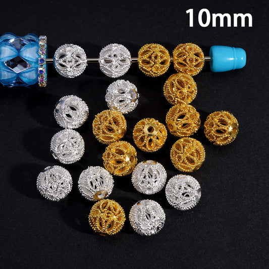 Alloy Beads with Hollowed Lotus Flower Base on Both Sides and Central Round Ring, 10MM, Gold and Silver