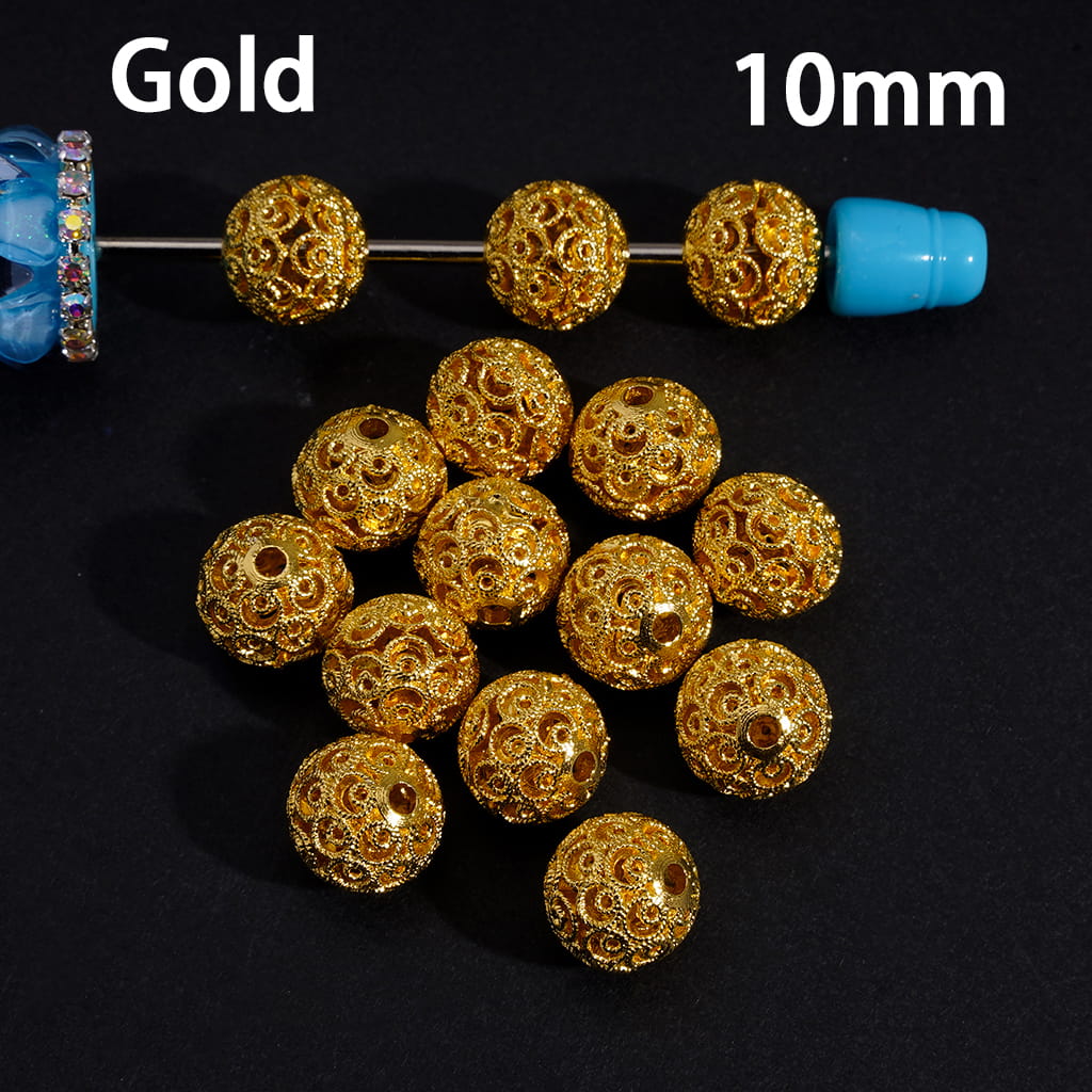 Metal Beads with Hollowed Floral Scroll Flower Patterns, 10MM, Silver and Gold