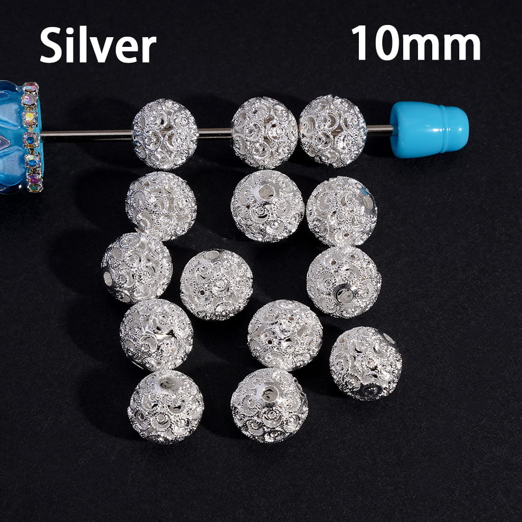 Metal Beads with Hollowed Floral Scroll Flower Patterns, 10MM, Silver and Gold