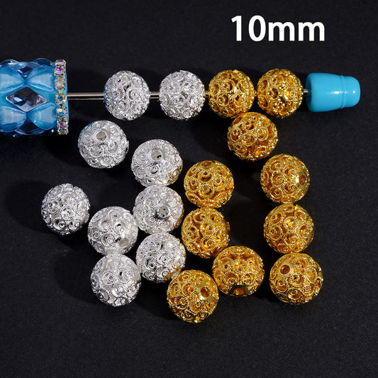 Metal Beads with Hollowed Floral Scroll Flower Patterns, 10MM, Silver and Gold