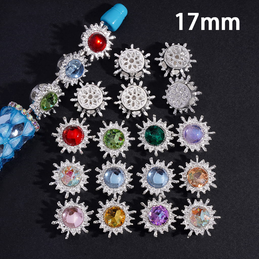 Assorted gemstone buttons with colorful stones on a black background, labeled '17mm'.