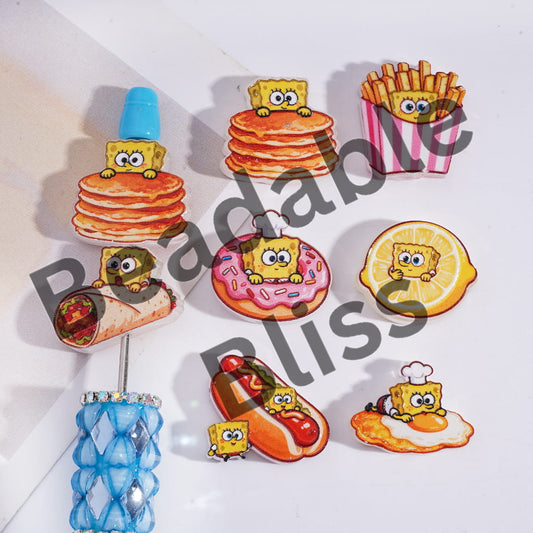 Set of colorful food-themed pins with cartoon character on a white background, featuring 'handsontosupply.com' branding.