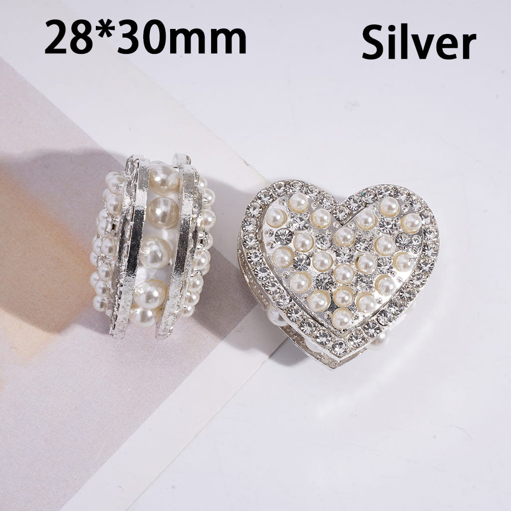 Clay Beads with Alloy Heart, with Clear Rhinestones & White Pearls, 28*30MM, Gold Silver