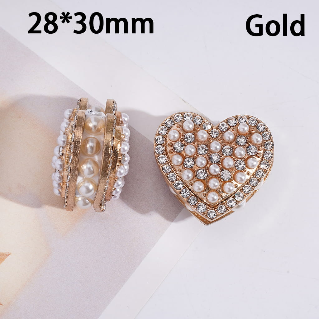 Clay Beads with Alloy Heart, with Clear Rhinestones & White Pearls, 28*30MM, Gold Silver