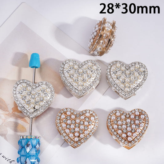 Clay Beads with Alloy Heart, with Clear Rhinestones & White Pearls, 28*30MM, Gold Silver