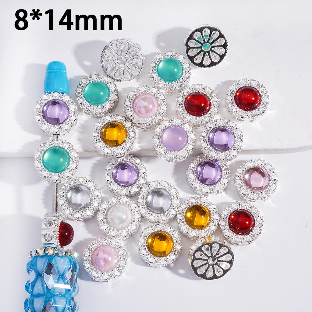 DIY Alloy Beads with Round Rhinestone and Hollowed Flower on Back, 8*14MM, Multi-Color, Random Mix (The Hole can all be Passed Through)