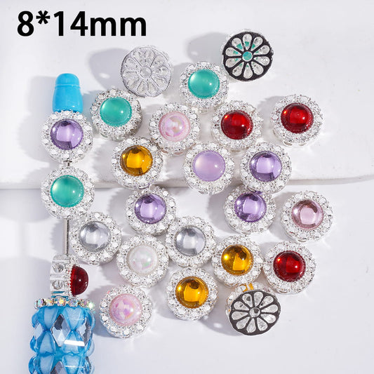 DIY Alloy Beads with Round Rhinestone and Hollowed Flower on Back, 8*14MM, Multi-Color, Random Mix (The Hole can all be Passed Through)