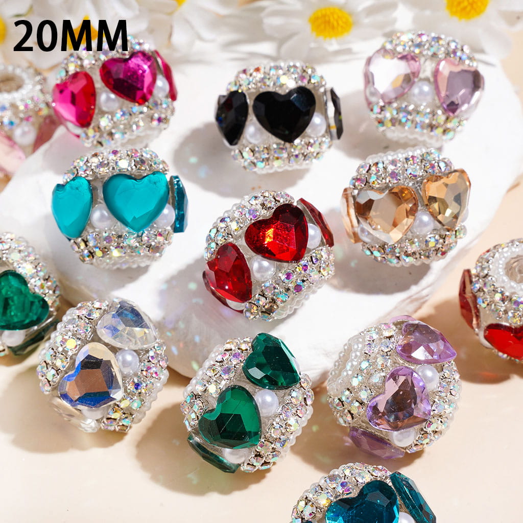 Handmade Acrylic Beads w Heart Rhinestones & White Pearls, AB Rhinestone Chains, 20MM, Multi Color