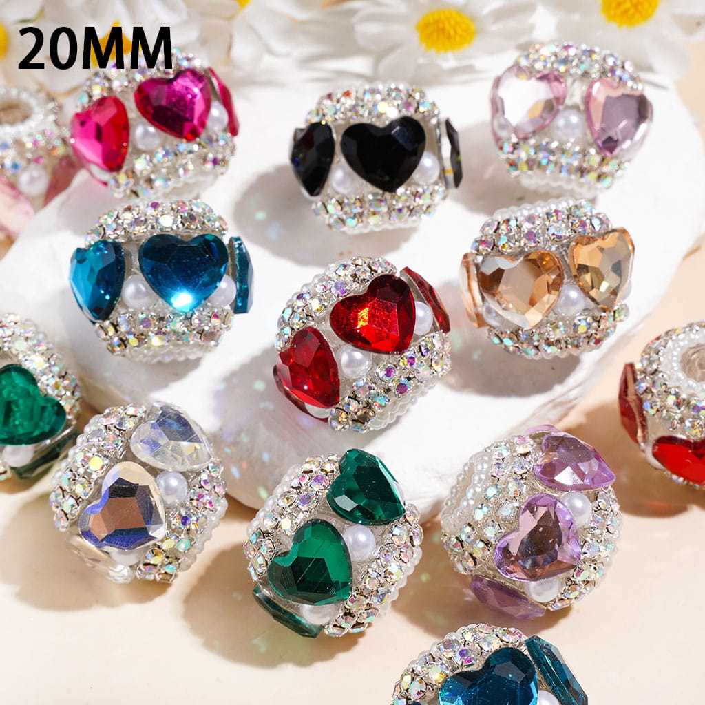 Handmade Acrylic Beads w Heart Rhinestones & White Pearls, AB Rhinestone Chains, 20MM, Multi Color