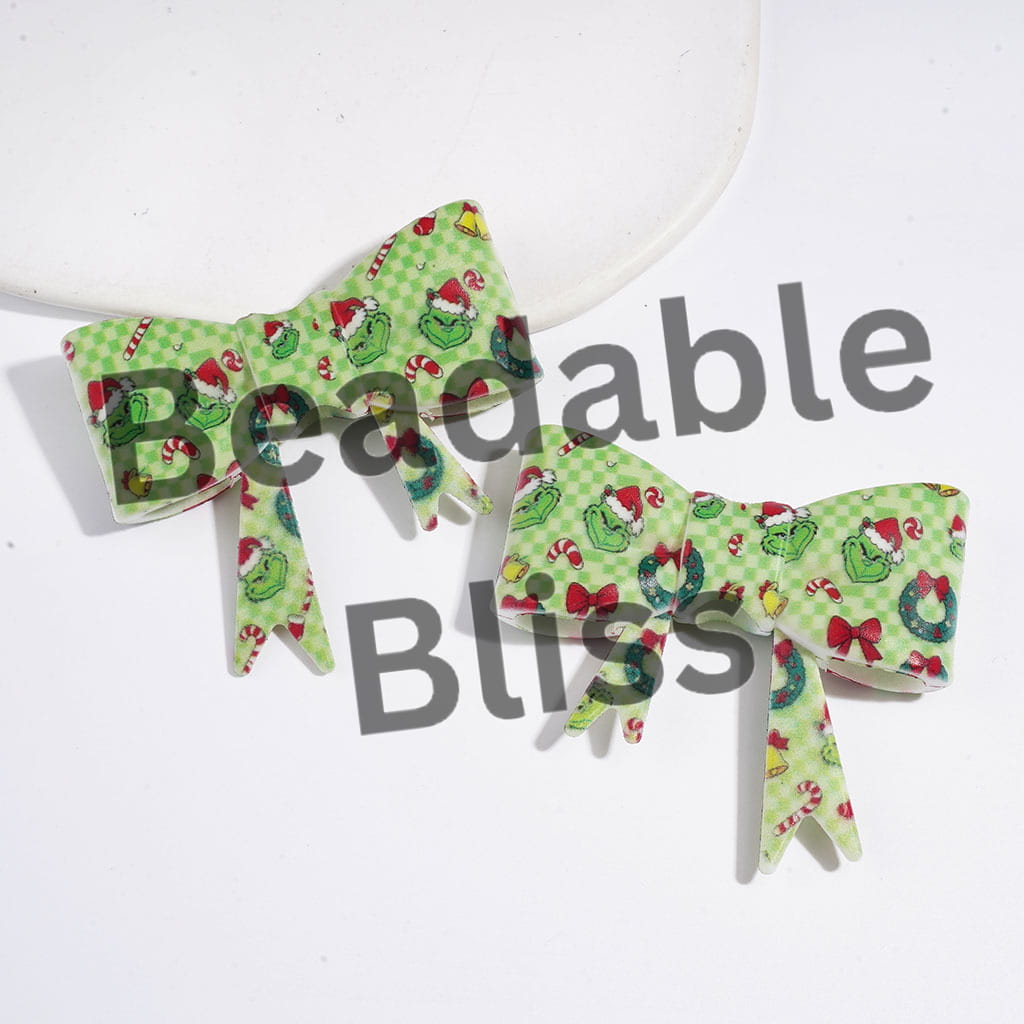 UV-Printed Silicone Focal Beads Soft Bowtie with Green Checkered and Christmas Green Character Wreath Bell Bow Candy Cane Pattern,53*59MM