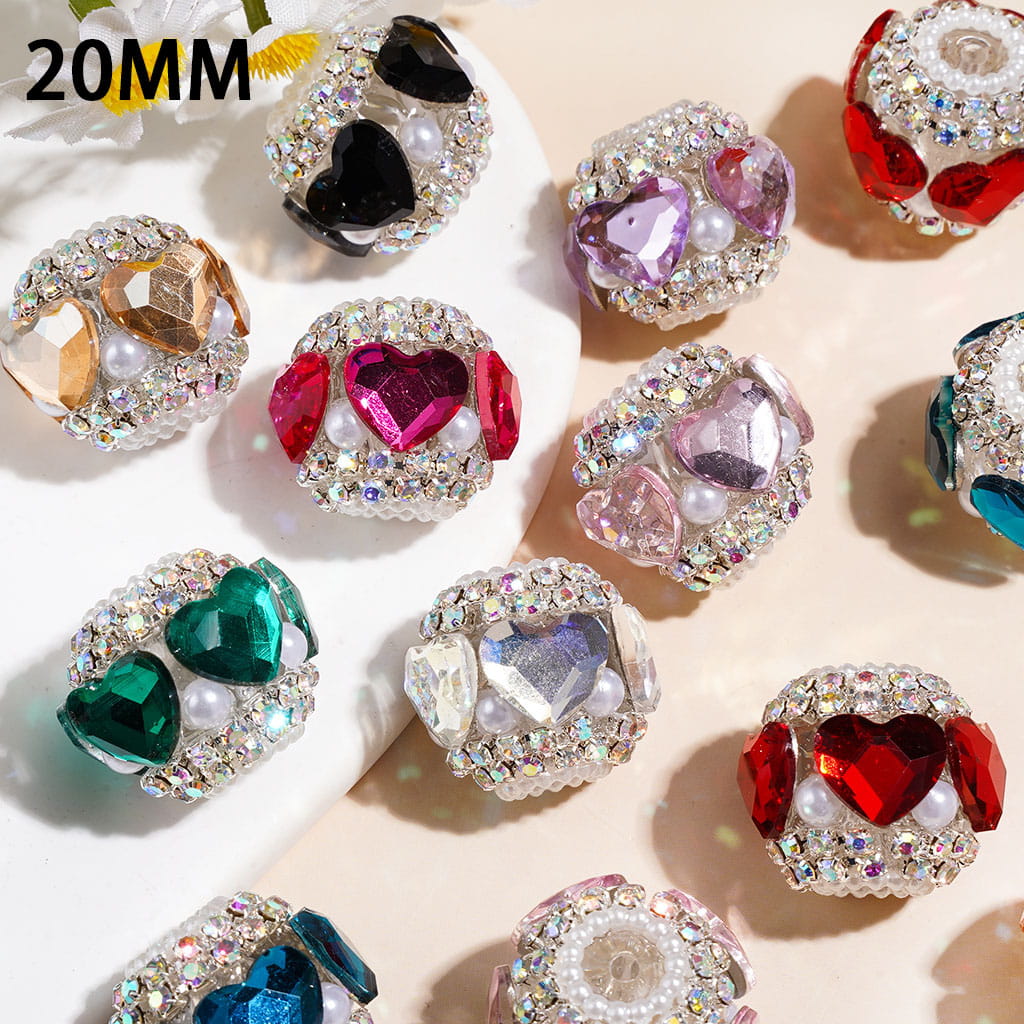Handmade Acrylic Beads w Heart Rhinestones & White Pearls, AB Rhinestone Chains, 20MM, Multi Color