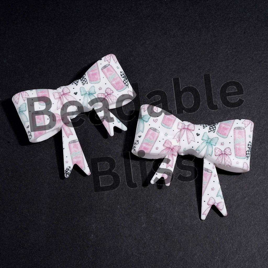 UV-Printed Soft Bowtie with Soft Drink Can & Various Colors Bowtie Star Heart Printed Silicone Focal Beads, 53*59MM