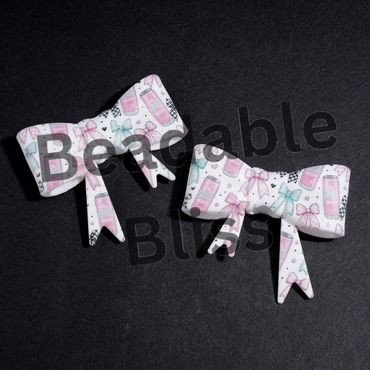 UV-Printed Soft Bowtie with Soft Drink Can & Various Colors Bowtie Star Heart Printed Silicone Focal Beads, 53*59MM
