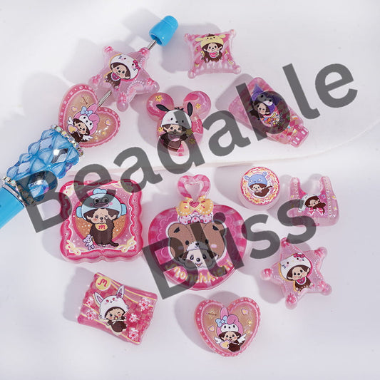 Acrylic Beads Pendant with Cute Baby Monkey Doll Prints and Glitter, Rose Pink Series, Translucent, Random Mix