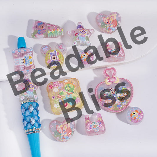 Acrylic Beads Pendant with Classic Animal Family Prints and Glitter, Light Pink Series, Translucent, Random Mix