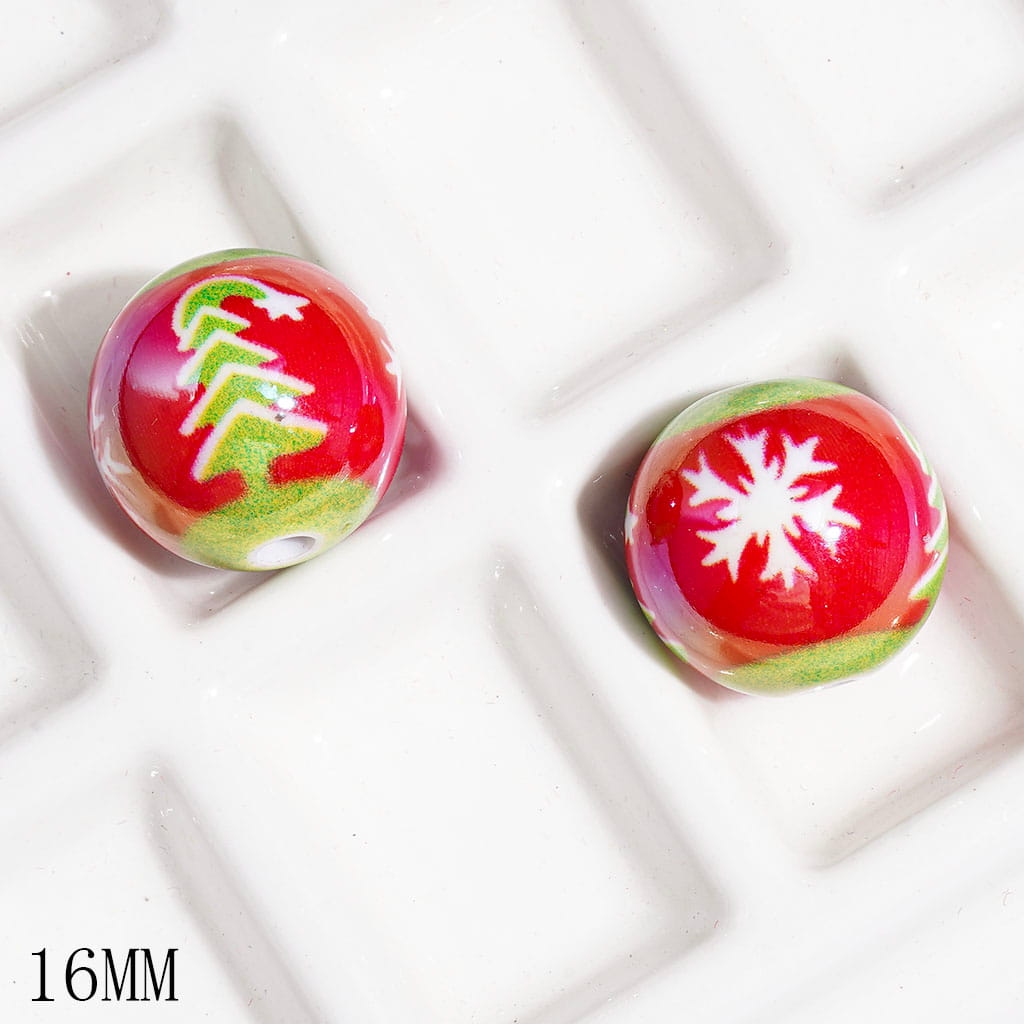UV Finish Green Christmas Tree and White Snowflake Printed Acrylic Beads for Bracelets, 16MM