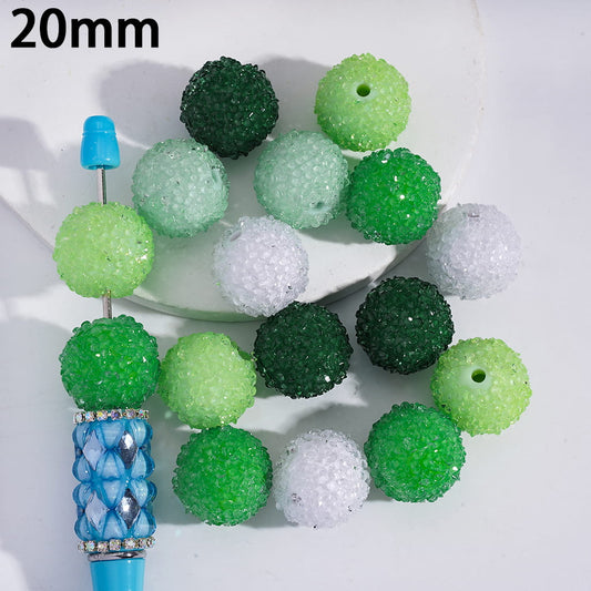 Sugar Acrylic Beads with Mini Shiny Cone Shape Rhinestones, Green Series, 20MM, Random Mix