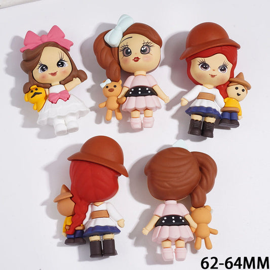 Beautiful Girl Holding a Doll in Three Style Soft PVC Rubber Figurine, 62-64MM (No-Hole)