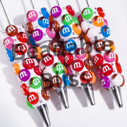 Beadable Clay Pens with Rainbow "M" Beans in Various Colors and AB Rhinestones