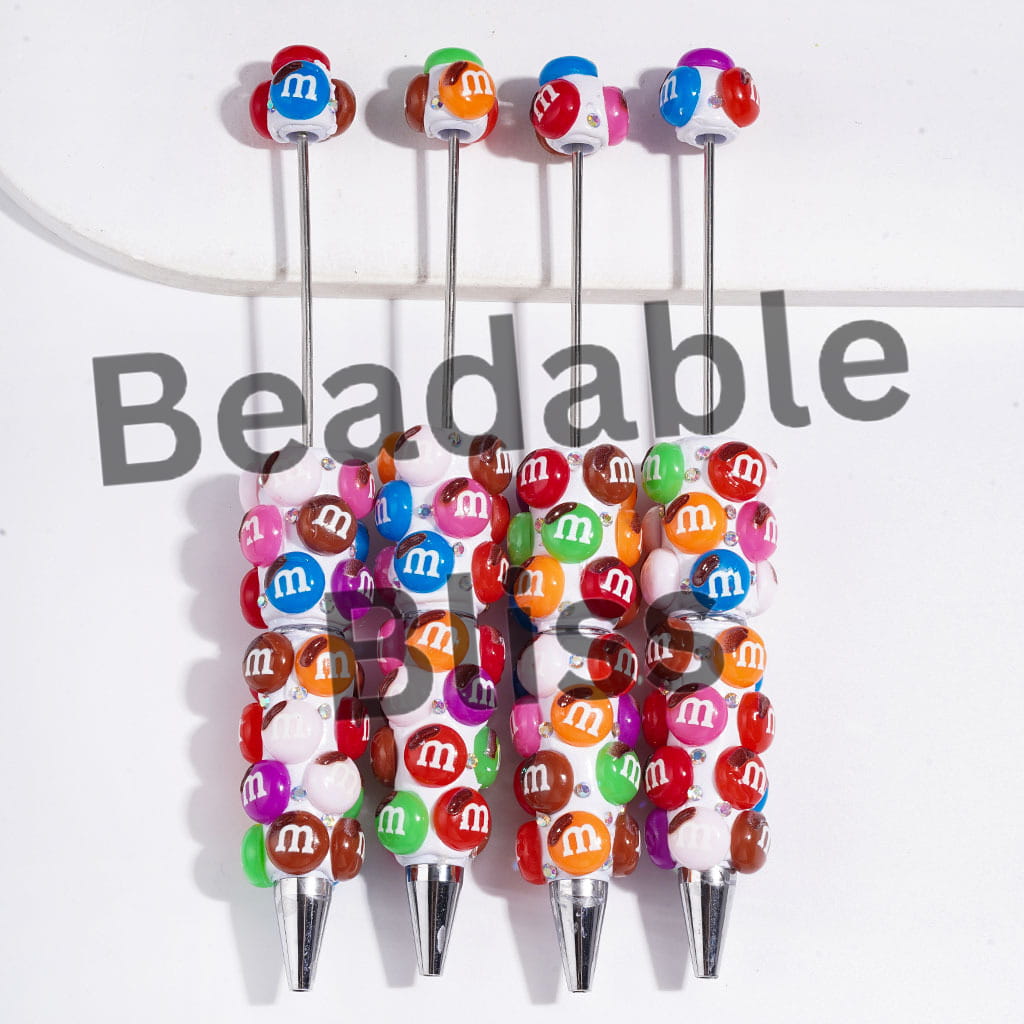 Beadable Clay Pens with Rainbow "M" Beans in Various Colors and AB Rhinestones