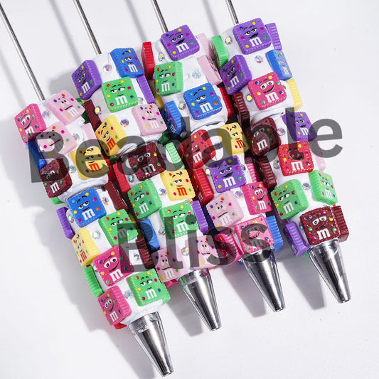 Beadable Clay Pen with Assorted Colors Square Shaped Candy Chip Design and AB Rhinestones