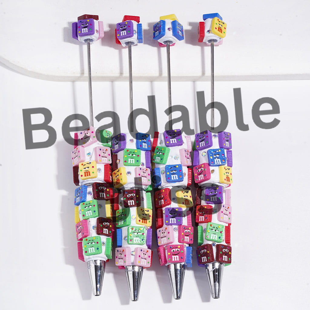 Beadable Clay Pen with Assorted Colors Square Shaped Candy Chip Design and AB Rhinestones