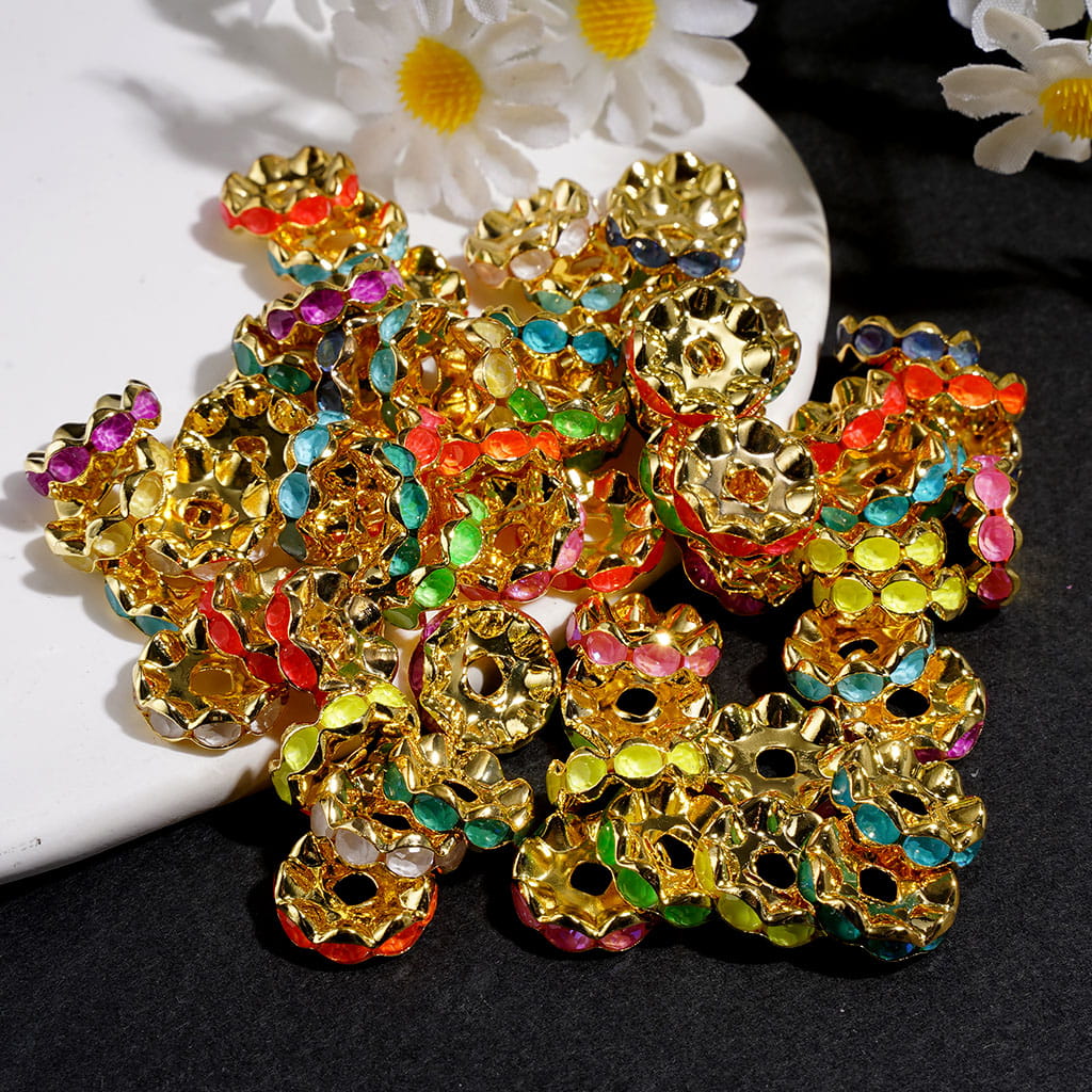 Gold Alloy Spacer Wavy Shape w Rhinestones in Satin Nickel Plating Coating Process, 12MM, Multi-Color (Update Other Colors Later)