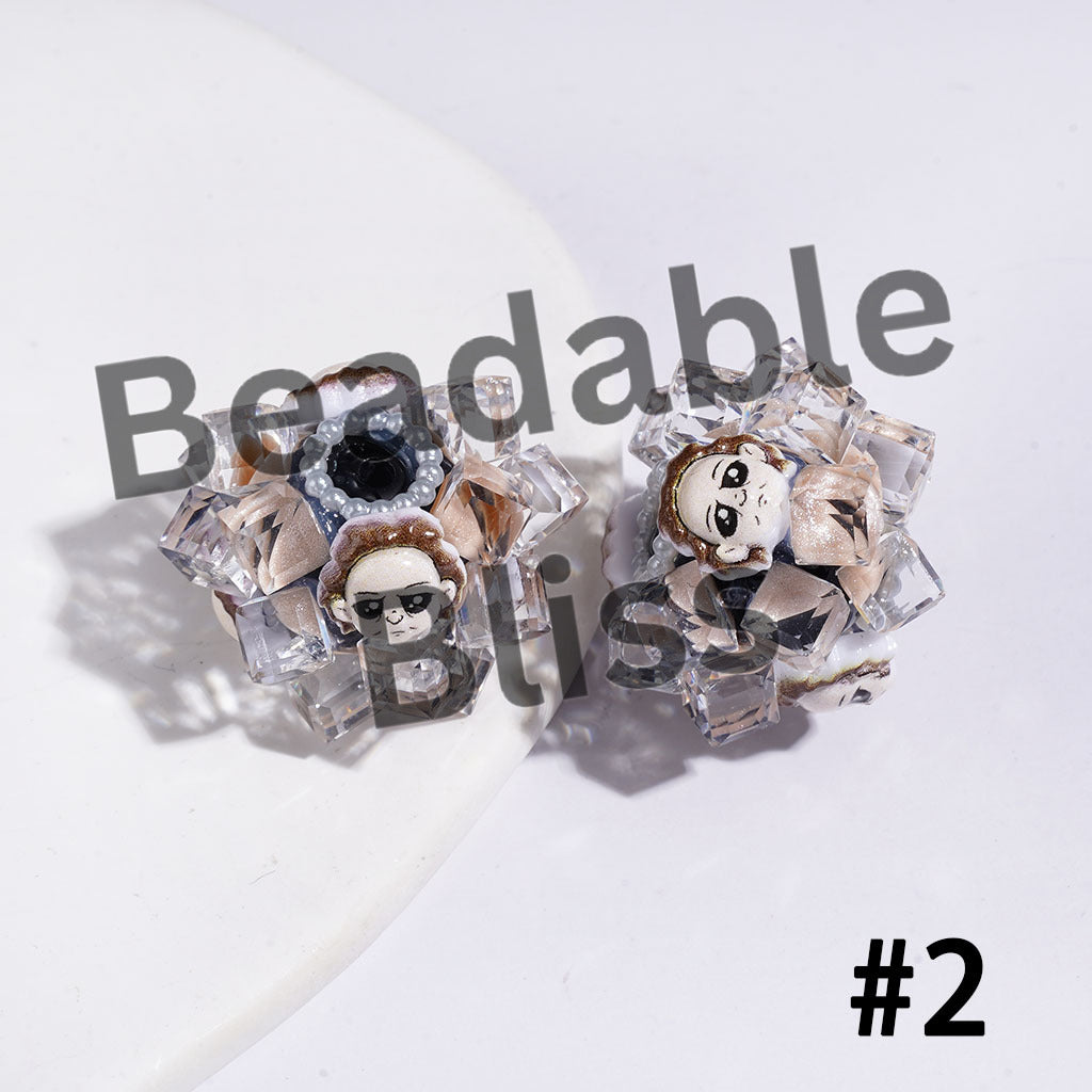 Hand-Made Acrylic Beads Horror Character Series, w Clear Faceted Crystal Square Pearl Trim, 26MM Multi Color