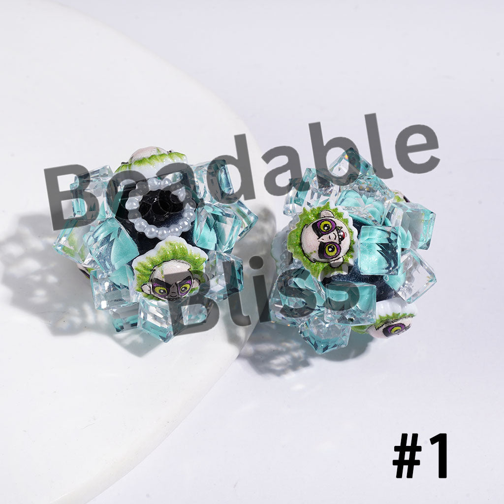 Hand-Made Acrylic Beads Horror Character Series, w Clear Faceted Crystal Square Pearl Trim, 26MM Multi Color