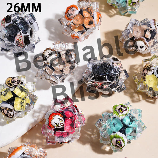 Hand-Made Acrylic Beads Horror Character Series, w Clear Faceted Crystal Square Pearl Trim, 26MM Multicolor