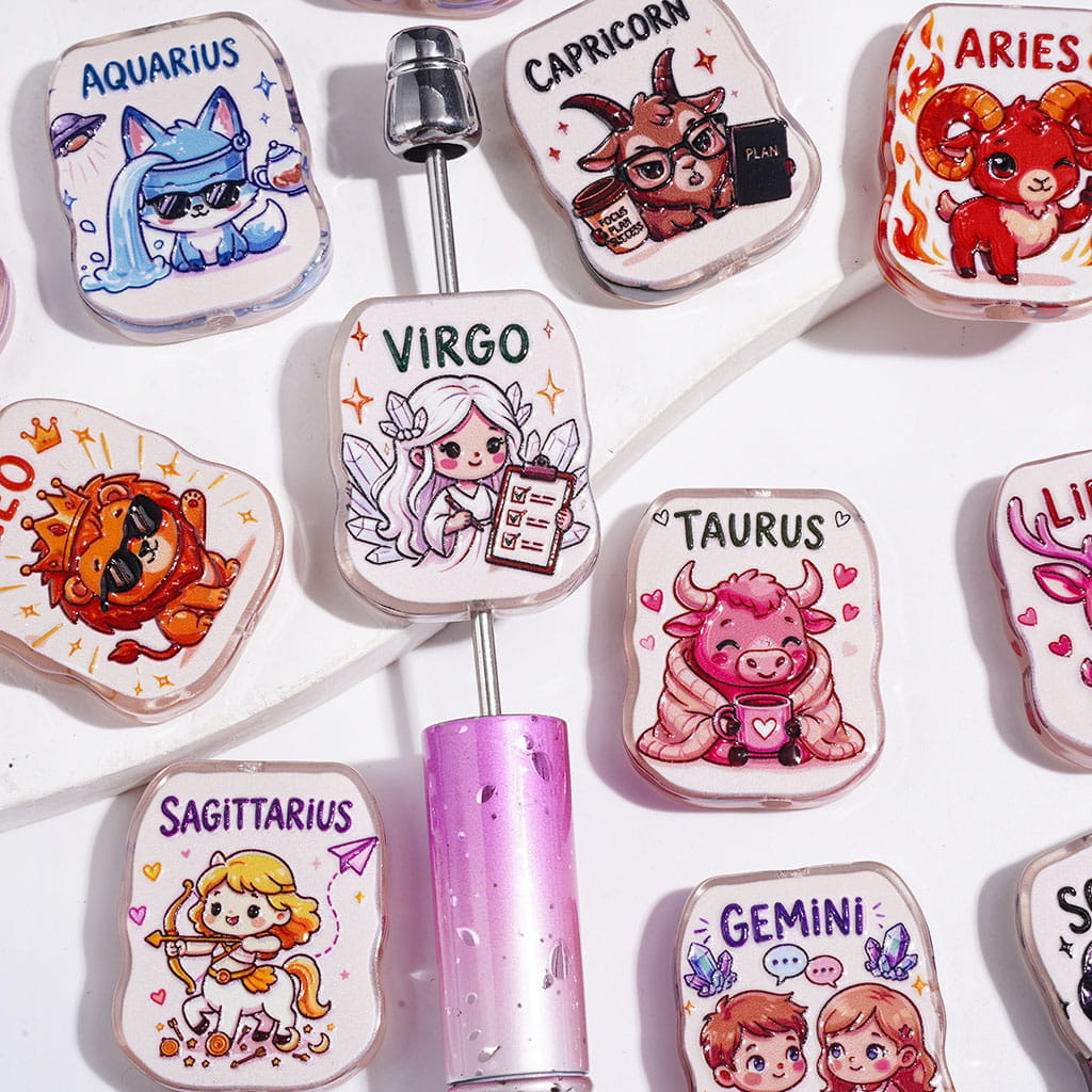Twelve Constellations Theme with Cartoon Character and Animal Acrylic Beads, Semi-Clear, 21*26MM Random Mix