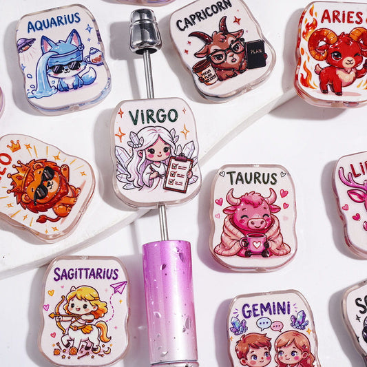 Twelve Constellations Theme with Cartoon Character and Animal Acrylic Beads, Semi-Clear, 21*26MM Random Mix