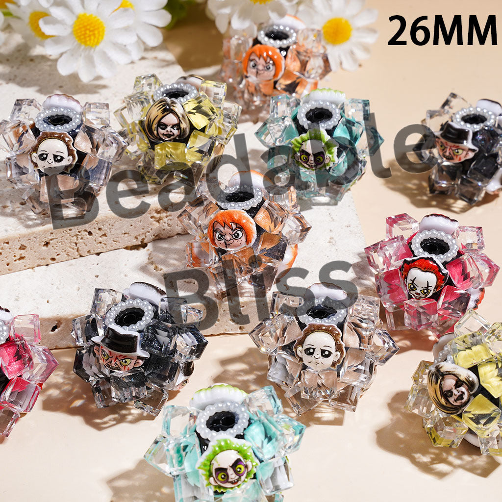 Hand-Made Acrylic Beads Horror Character Series, w Clear Faceted Crystal Square Pearl Trim, 26MM Multi Color