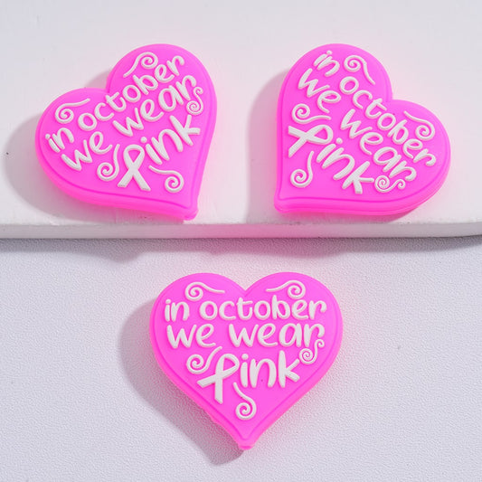 Silicone Focal Beads Pink Heart In October We Wear Pink