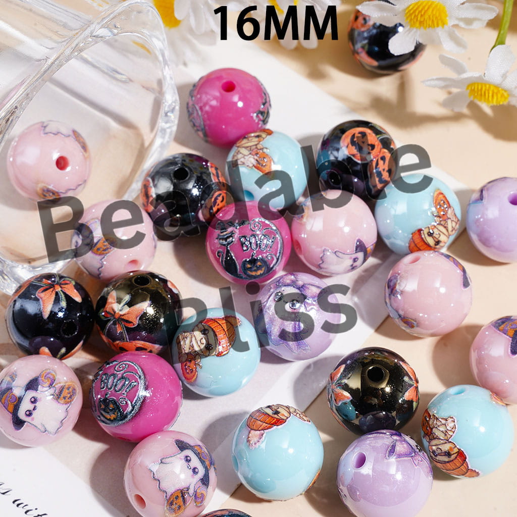 Halloween Ghost Pumpkin Mummy Printed Series Acrylic Beads for Bracelets, 16MM Random Mix