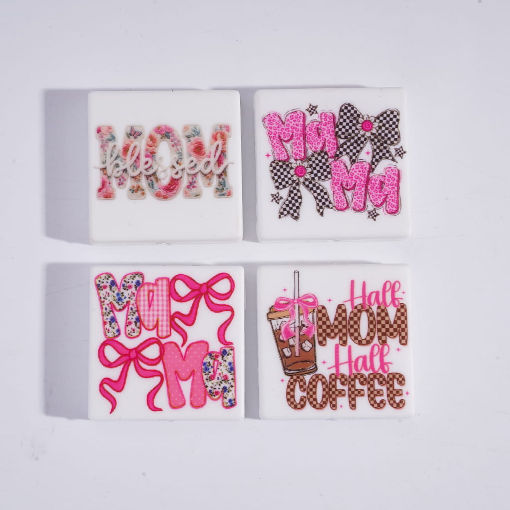 Four decorative coasters with 'Mom' and coffee-themed designs on a white background