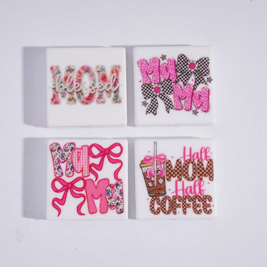 Four decorative coasters with 'Mom' and coffee-themed designs on a white background