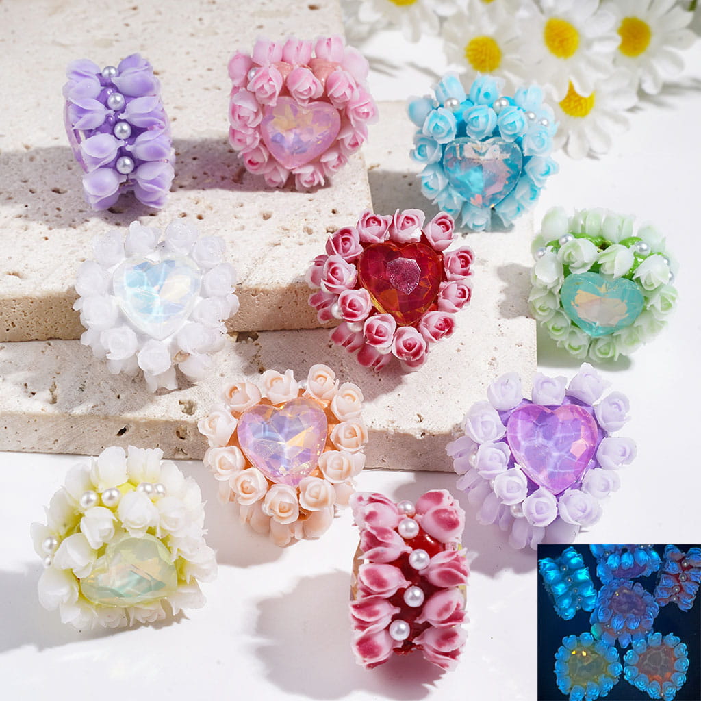 Luminous Clay Beads with Heart Rhinestones and Tulip Flowers in Various Colors Valentine's Day, White Pearls, 25*25MM, Random Mix