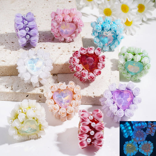 Luminous Clay Beads with Heart Rhinestones and Tulip Flowers in Various Colors Valentine's Day, White Pearls, 25*25MM, Random Mix