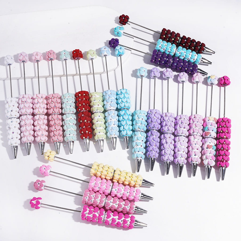 Beadable Clay Pens with Frosted Heart and AB Rhinestone, Multi-Color Random Mix
